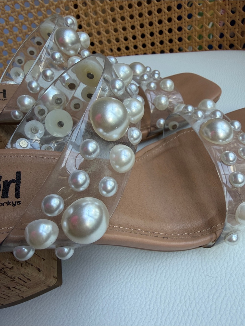 Corkys Hey Girl Tan Wedge Slides with Pearl-Studded Clear Straps - Picture 2 of 3